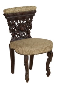 French Napoleon III Carved Walnut Gambler's Smoking Chair, late 19th c., H.- 33 in., W.- 17 1/2 in.,