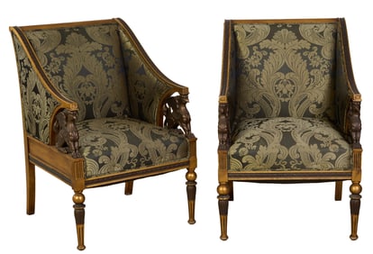 Pair of French Empire Style Bergeres, 20th c., Each- H.- 37 in., W.- 25 in., D.- 23 in. (2 Pcs.)