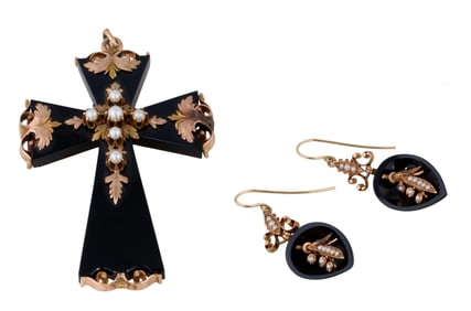 Three Pieces of Gold, Black Onyx and Seed Pearl Jewelry App. Wt.- 33.7 grams; Cross- H.- 3 in., W.-