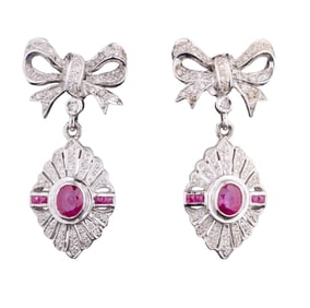 Pair of 14K White Gold Ruby and Diamond Earrings, App. Wt.- 7.4 grams; Each- H.- 1 3/8 in., W.- 3/8