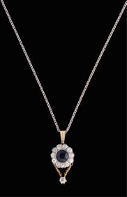 14K Gold Diamond and Sapphire Pendant, App. Wt-. 4.7 grams; Pendant- H.- 1 in.; Chain- L.- 16 1/2 in