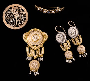 Five Pieces of 14K Yellow Gold Jewelry, App. Wt.- 30.5 grams; Largest- Beaded Brooch- 2 3/8 in. (5