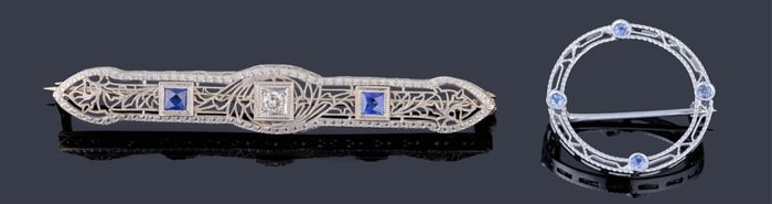 Two Platinum Diamond and Sapphire Brooches, App. Wt.- 6 grams; L.- 2 1/4 in. (2 Pcs.)