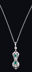 14K White Gold Diamond and Emerald Pendant, App. Wt.- 6 grams; Pendant- L.- 2 in., W.- 1/2 in.;