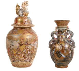 Two Oriental Satsuma Baluster Vases, 19th c., Larger- H.- 9 in., Dia.- 4 1/2 in.; Smaller- H.- 6 3/8