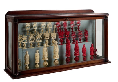 Carved Chess Set, 20th c., Tallest- H.- 6 1/2 in., W.- 1 1/2 in., D.- 1 5/8 in.; Case- H.- 13