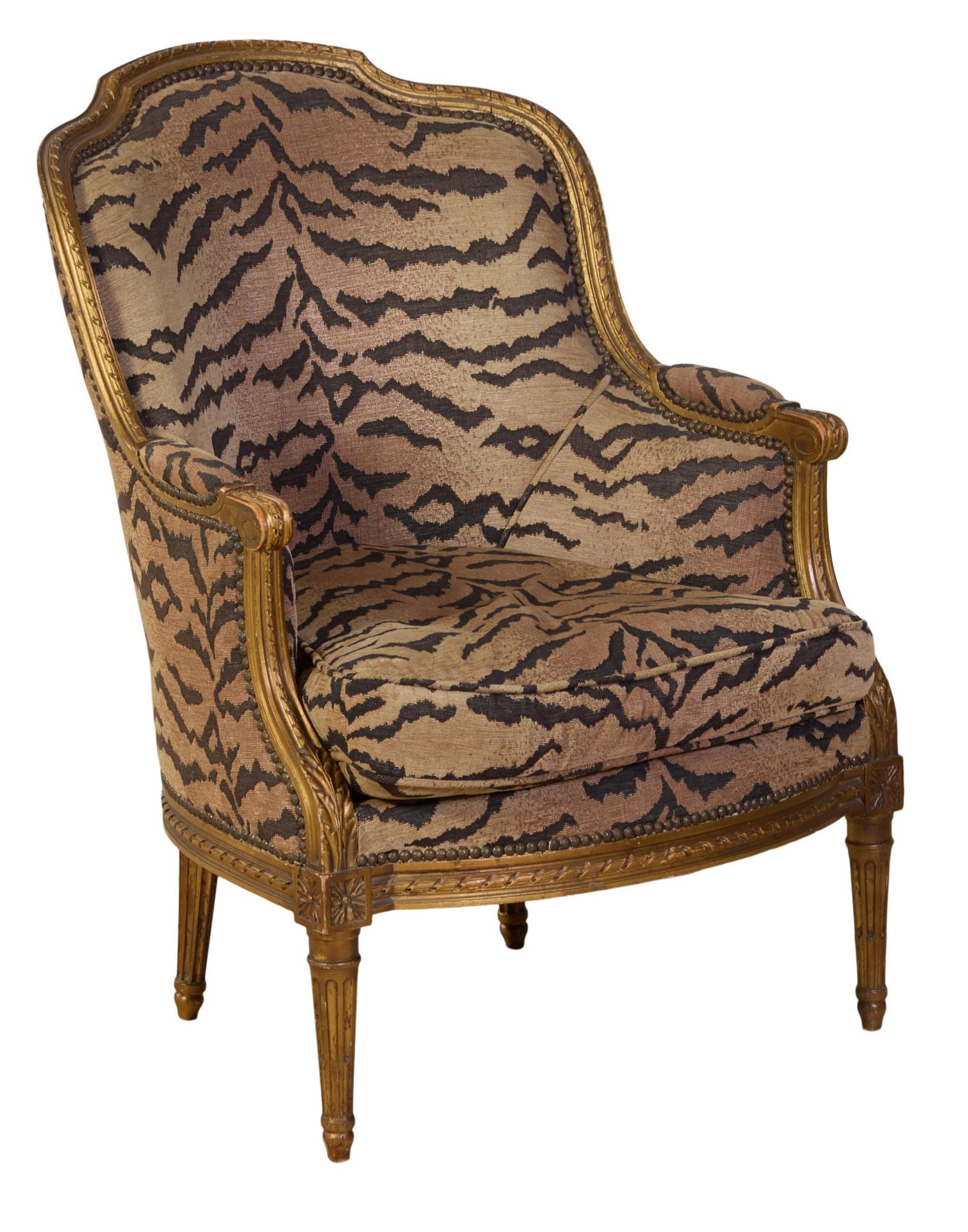 French Louis XVI Style Giltwood Berger, 20th c., H.- 37 in., W.- 27 in., D.- 20 in.: French Louis XVI Style Giltwood Berger, 20th c., the arched upholstered backs into downswept padded arms, separate seat cushion, serpentine seat, ring turned fluted tapered legs, H.- 37 in., W.- 27 in