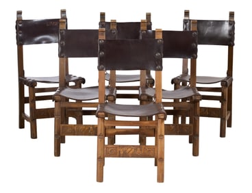Six French Renaissance Revival Leather Dining Chairs, late 19th c., H.- 36 3/4 in., W.- 17 1/2 in.,