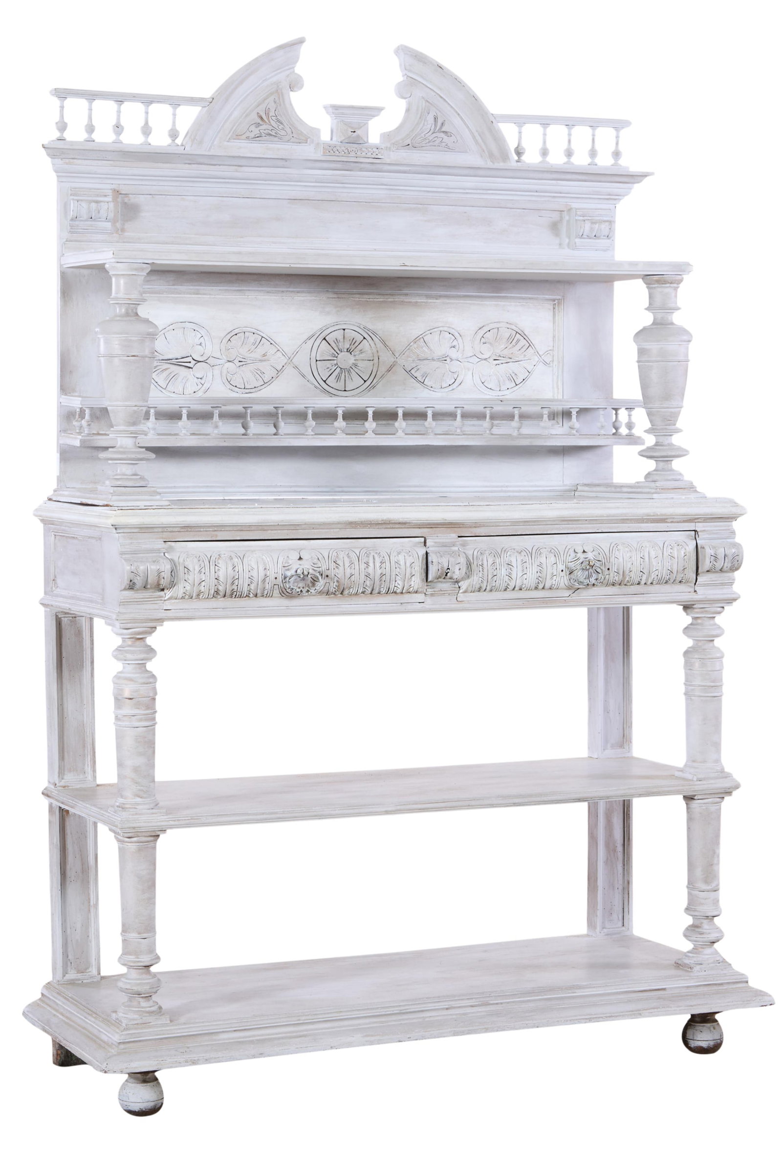 French Henri II Style Creme Peinte Buffet Desserte, late 19th c., H.- 63 in., W.- 48 in., D.- 18 in.: French Henri II Style Creme Peinte Buffet Desserte, late 19th c., the broken pediment crest with baluster ends, the gallery shelf with vasiform supports, incised classical decoration, balustrade shelf