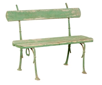 French Provincial Polychromed Wood and Wrought Iron Park Bench, late 19th c., H.- 31 in., W.- 39