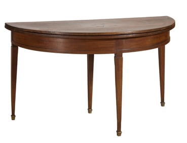 French Louis XVI Style Inlaid Walnut Demilune Games Table, mid 19th c., Closed- H.- 28 1/2 in., W.-