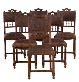 Set of Six French Henri II Style Leather Side Chairs, late 19th c., Each- H.- 38 in., W.- 15 1/2 in.