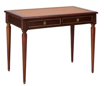 French Louis XVI Style Leather Top Walnut Writing Desk, 20th c., H.- 30 in., W.- 39 in., 23 1/2 in.