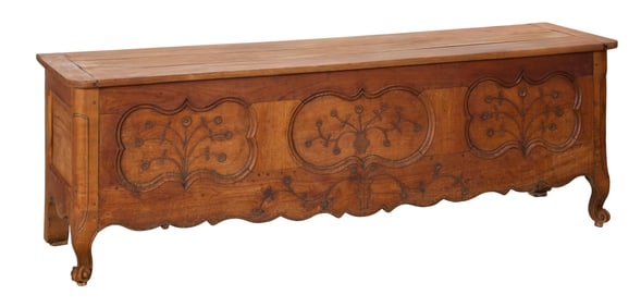 French Provincial Louis XV Style Walnut Coffer, 19th c., H.- 24 1/2 in., W.- 76 in., D.- 20 1/2 in.