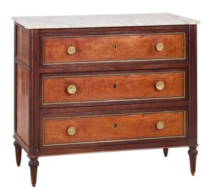 French Louis XVI Style Marble Top Walnut Commode, late 19th c., H.- 33 1/2 in., W.- 38 in., D.- 22