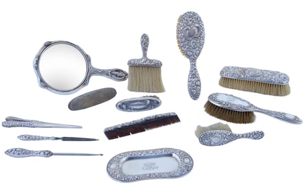Thirteen Piece Sterling Silver Assembled Dressing Set, Mirror- H.- 10 1/4 in., W.- 5 7/8 in., D.- 1