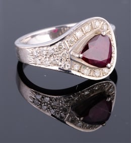 14K White Gold, Diamond and Ruby Ring, App. Wt. 5.4 grams; Size- 7.