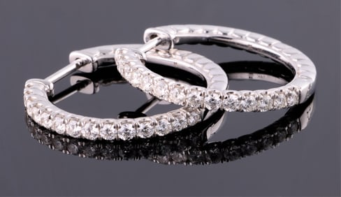 Pair of 14K White Gold Diamond Hoop Pierced Earrings, App. Wt.- 5.59 grams; Each- Dia.- 15/16 in.