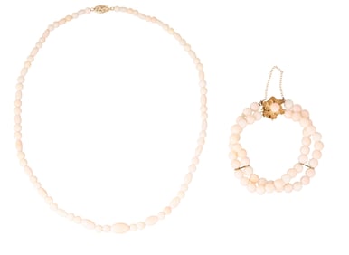 Two Pieces of Angel Skin Coral and Gold Jewelry, App. Wt.- 33.8 grams; Necklace- L.- 16 3/4 in.