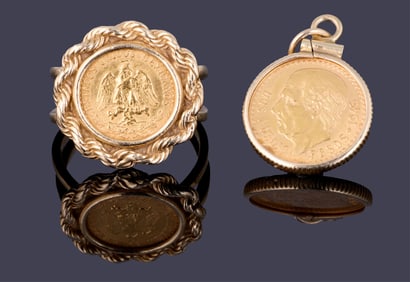 Two 22K Yellow Gold Mexican Coin Jewelry Pieces, App. Wt.- 9.3 grams; Ring- Size- 6 1/2 (2 Pcs.)