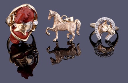 Three Pieces of Yellow Gold Horse Motif Jewelry, App. Wt.- 25.1 grams; Ring- Size- 6 3/4. (3 Pcs.)