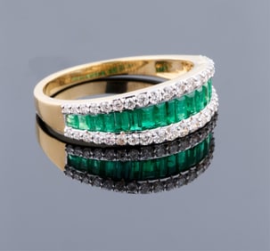 Ladies' 18K Yellow Gold Emerald and Diamond Ring, App. Wt.- 4.8 grams; Size- 10.