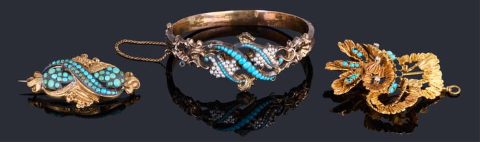 Three Gold Turquoise Accessories, App. Wt. 34.5 grams; Bangle- Int. Dia.- 2 1/2 in.