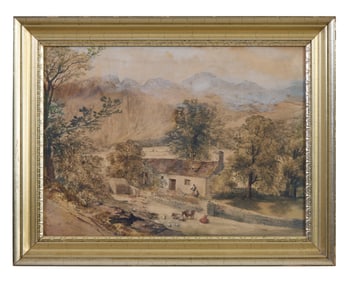 British School, "Country Cottage with Cattle and Mountains," 19thc., Sight- H.- 13 in., W.- 18 in.,