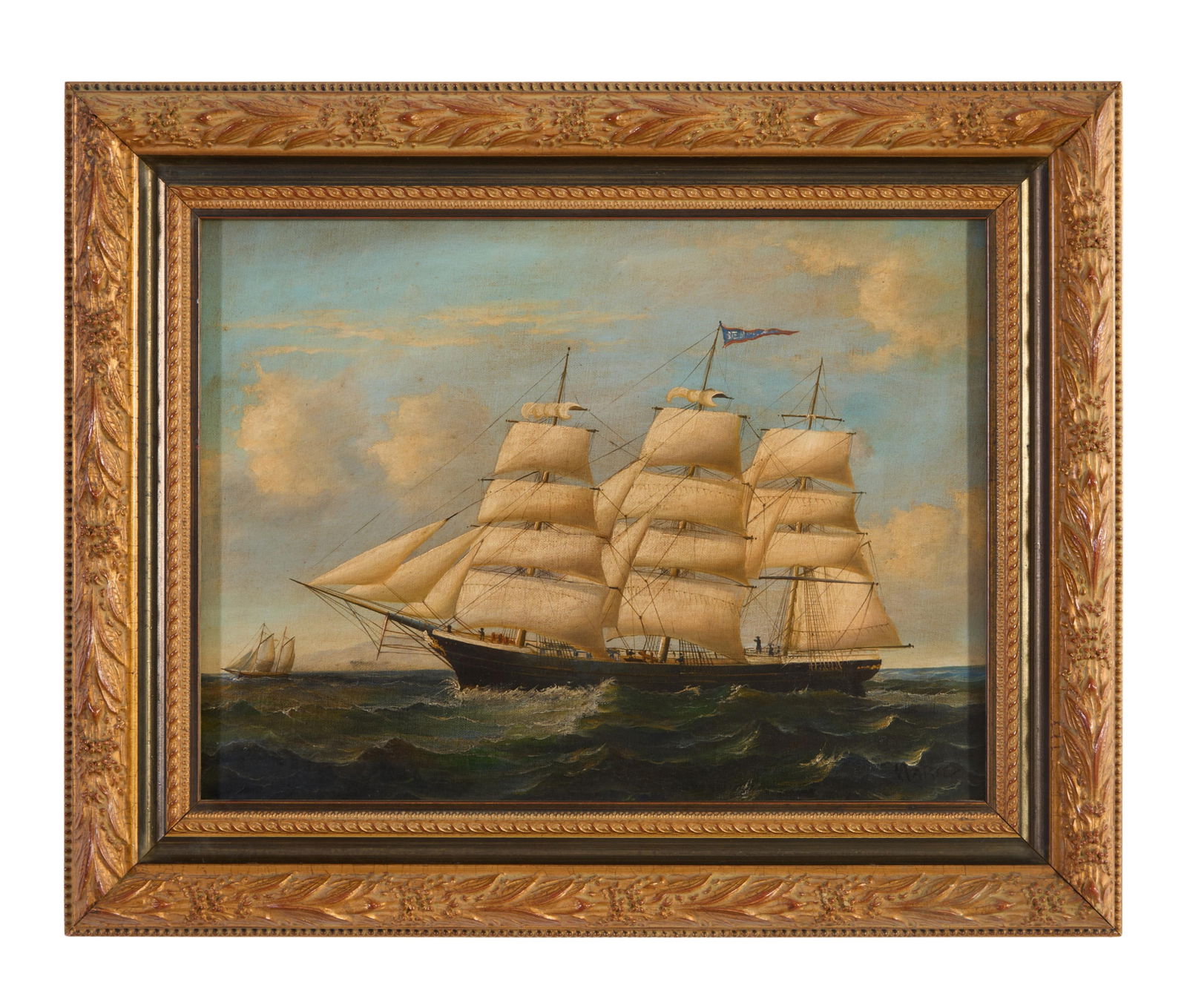 Attributed to Marie-Edouard Adam (French, 1847-1929), "Clipper Ship at Sea," H.- 12 in., W.-: Attributed to Marie-Edouard Adam (French, 1847-1929), "Clipper Ship at Sea," oil on canvas, signed indistinctly lower right, presented in a giltwood frame, H.- 12 in., W.- 16 in., Framed- H.- 17 in.,