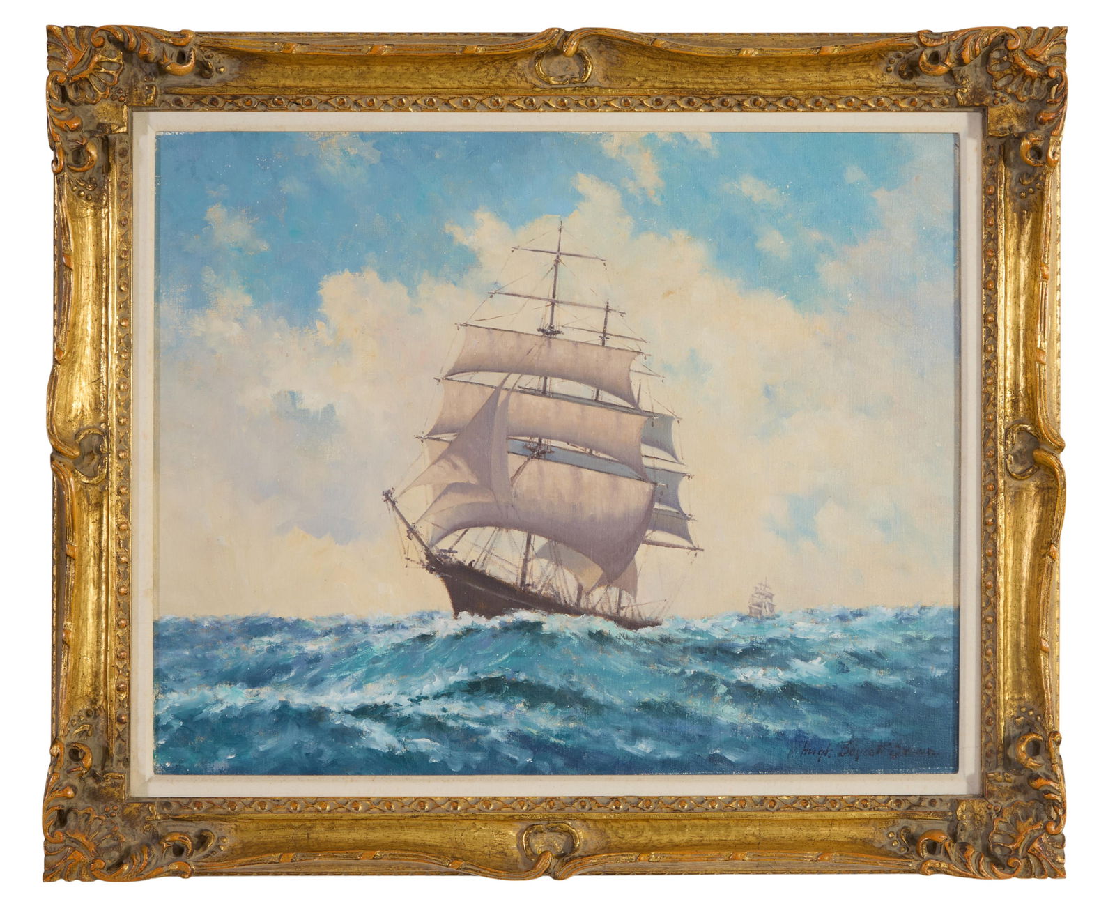 Hugh Boycott Brown (English, 1909-1990), "Square Rigger in Stormy Weather," 20th c., Sight- H.- 24: Hugh Boycott Brown (English, 1909-1990), "Square Rigger in Stormy Weather," 20th c., oil on canvas, signed lower right, titled en verso, presented in a linen-lined Baroque-style gilt frame, Sight- H.-