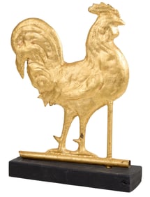 Gilt Metal Rooster Weathervane, 20th c., H.- 14 1/2 in., W.- 11 3/4 in., D.- 1 1/2 in.