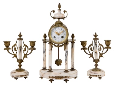 French Belle Epoque Three Piece Bronze Mounted Marble Garniture Set, late 19th c., Clock- H.- 15