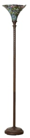 Tiffany Style Patinated Iron Torchiere Floor Lamp, 20th/21st c., H.- 72 in., Dia.- 14 in.