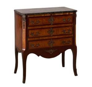 French Louis XV Style Ormolu Mounted Marble Top Parquetry Commode, 20th c., H.- 32 1/2 in., W.- 28