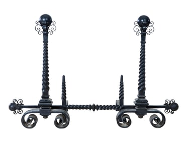 Pair of Renaissance Revival Iron Andirons, 20th c., H.- 36 1/2 in., W.- 55 1/2 in., D.- 4 in.