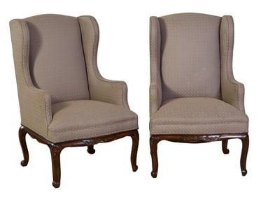 Pair of Louis XV Inspired Wing Chairs, 20th c., Each- H.- 42 in., W.- 24 in., D.- 23 in. (2 Pcs.)