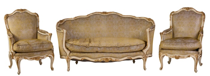 Three Piece French Louis XVI Style Creme Peinte Seating Group, 20th c., Settee- H.- 37 in., W.- 67