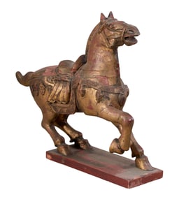 Chinese Tang Dynasty Style Carved Wooden Horse Sculpture, 20th c., H.- 30 in., W.- 37 in., D.- 10