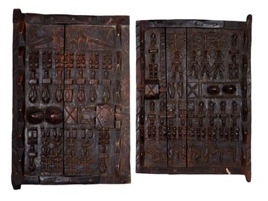 Two Antique Carved Dogon Granary Doors, Mali, West Africa, 19th c., Larger- H.- 25 1/2 in., W.- 17