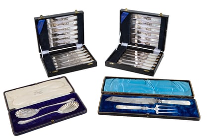 Twenty-Eight Pieces of Silver Plate with Mother-of-Pearl Handled Flatware, 20th c., Largest Knife-