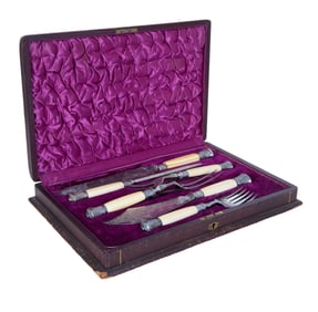 Six Piece Faux Leather Cased Celluloid and Sterling Carving Set, 19th c., Case- H.- 2 1/2 in., W.-