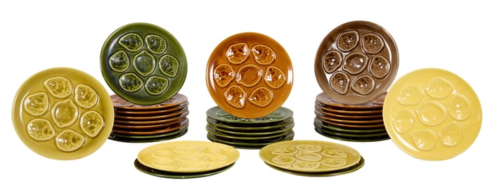 Group of Thirty French Provincial Ceramic Oyster Plates, early 20th c., H.- 3/4 in., Dia.- 10 in.