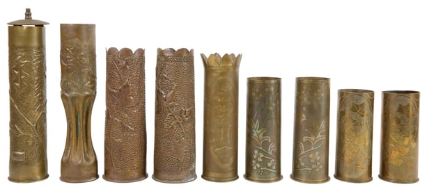 Nine Pieces of French Brass Trench Art, early 20th c., Tallest- H.- 14 3/4 in., Dia.- 3 1/2 in.;