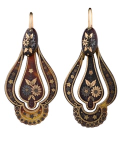 Pair of Pique Earrings, 19th c., App. Wt.- 8 grams; Each- H.- 1 7/8 in., W.- 1 in. (2 Pcs.)