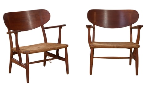 Pair of Vintage Danish Modern Teak CH-22 Easy Chairs, mid 20th c., Each- H.- 27 3/4 in., W.- 27 3/4
