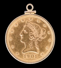 22K Yellow Gold 1901 Ten Dollar Liberty Head Coin Pendant, App. Wt.- 18.2 grams; L.- 1 3/8 in.
