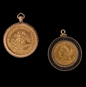 Two 22K Yellow Gold Coin Pendants, App. Wt.- 32.9 grams; Larger- L.- 1 1/2 in. (2 Pcs.)