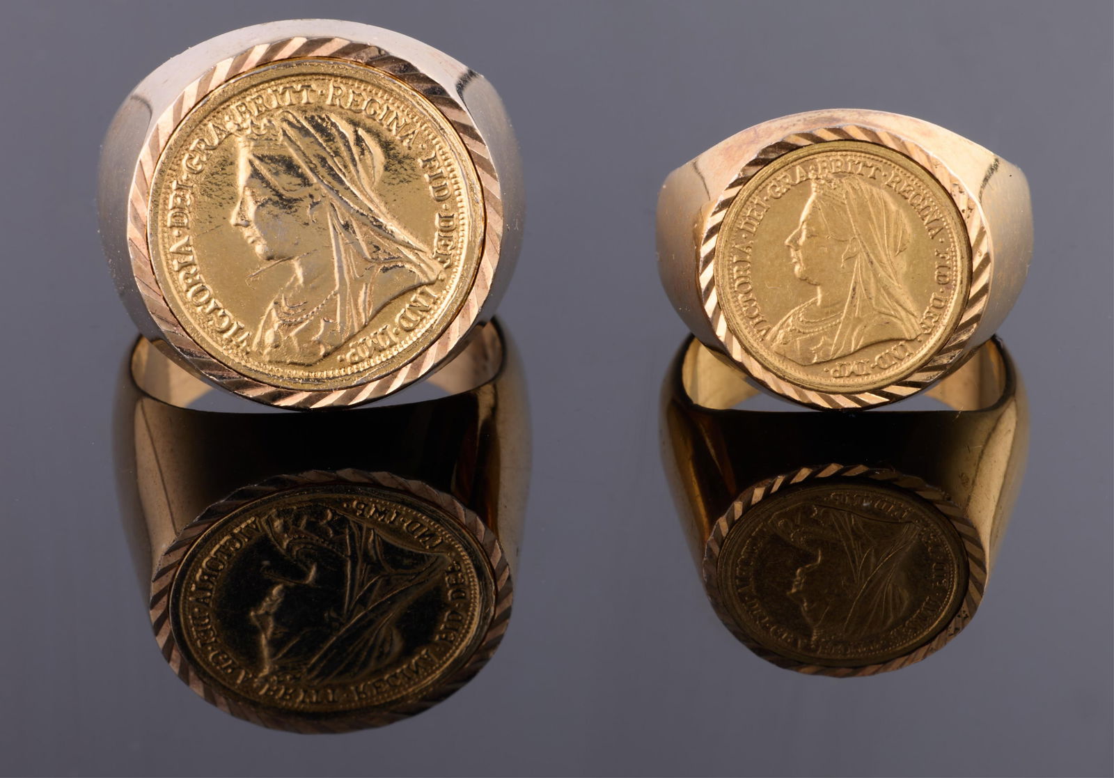 Two Victorian Men's 22K Yellow Gold Sovereign Coin Rings, App. Wt.- 34.1 grams; Size- 10 3/4 (2 Pcs. (1 of 3)