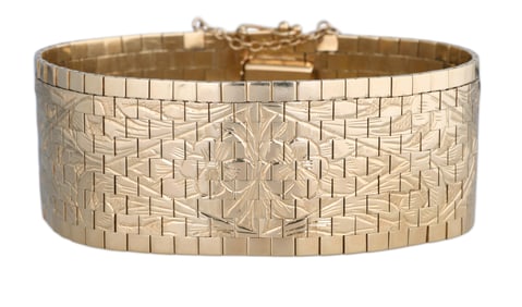 Wide 14K Yellow Gold Floral Link Bracelet, App. Wt.- 66.87 grams; H.- 1 in., Dia.- 7 1/2 in.