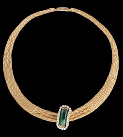 14K Yellow Gold, Diamond and Jade Necklace, App. Wt.- 48 grams; L.- 16 in.